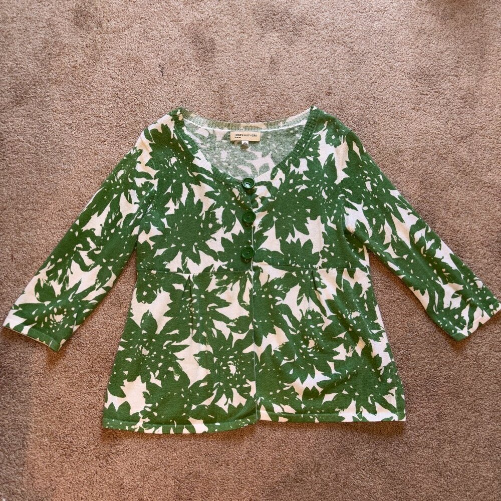 Jones New York Flyaway Hem Sweater Green/White Foliage Leaf Print XL